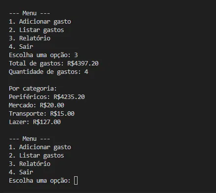 Terminal do Controle de Gastos mostrando o menu e o relatório por categoria